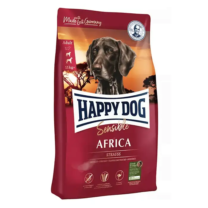 غذای خشک سگ های بالغ حساس با مشکلات گوارشی حاوی گوشت شترمرغ و سیب زمینی هپی داگ مدل(Sensible Africa) وزن4کیلوگرم