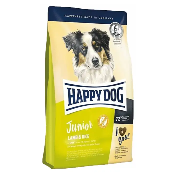 غذای خشک سگ (بالای 7 ماه) برای تامین انرژی و بهبود رشد با طعم بره و برنج هپی داگ (Junior Lamb &  Rice) وزن 4 کیلوگرم