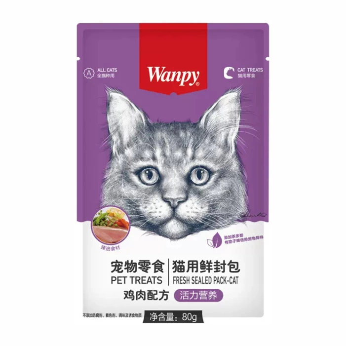 پوچ گربه طعم مرغ برای تقویت سیستم گوارشی ونپی (Wanpy) وزن 80 گرم