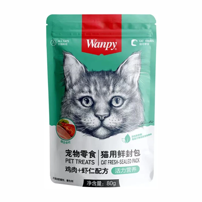 پوچ گربه طعم مرغ و میگو برای تقویت سیستم گوارشی ونپی (Wanpy) وزن 80 گرم