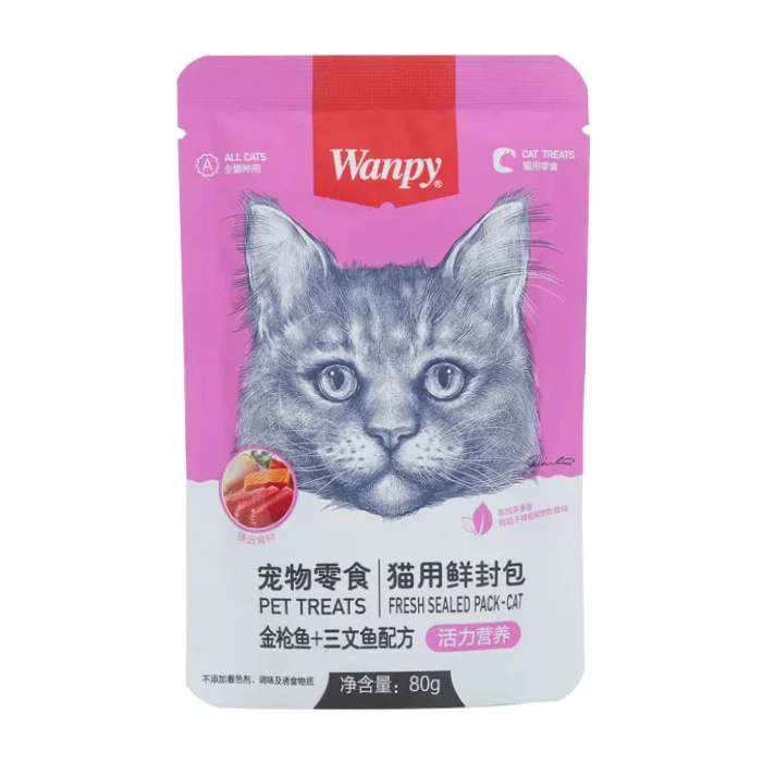 پوچ گربه طعم ماهی تن و سالمون برای تقویت سیستم گوارشی ونپی (Wanpy) وزن 80 گرم