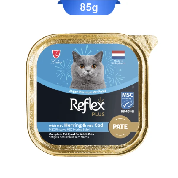 ووم گربه بالغ رفلکس پته طعم شاه ماهی و ماهی کاد وزن 85 گرم Reflex Plus With Msc Herring & Msc Cod - Image 1