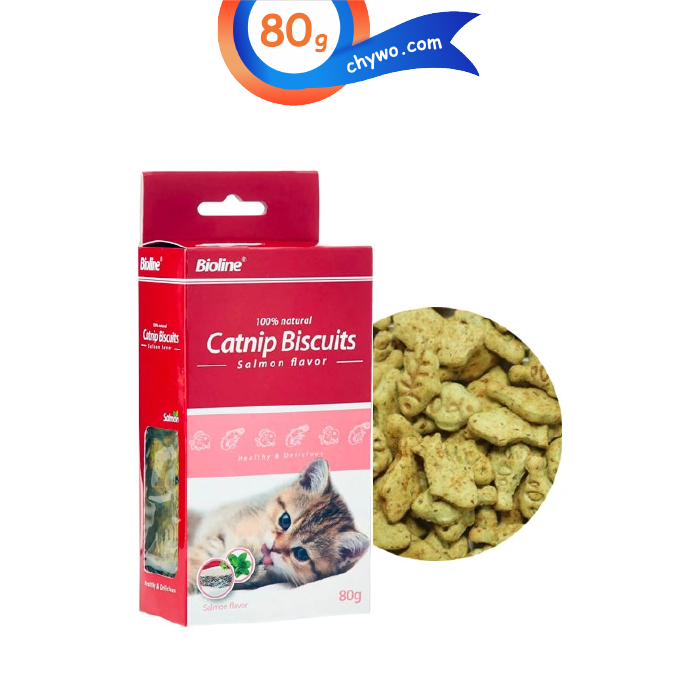 bioline-catnip-biscuits-01 تشویقی بیسکوییتی گربه حاوی کت نیپ برند بایولاین طعم ماهی سالمون وزن 80 گرم Bioline Catnip Biscuits - Image 1