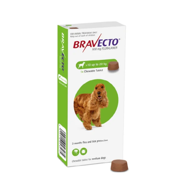 قرص ضد کک و کنه براوکتو مناسب سگ‌های نژاد متوسط 10 تا 20 کیلوگرم Bravecto Flea And Tick Dogs - Image 1