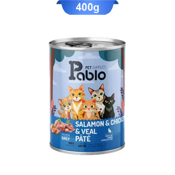 کنسرو گربه بالغ پابلو پته طعم مرغ و سالمون و گوساله وزن 400 گرم Pablo - Image 1