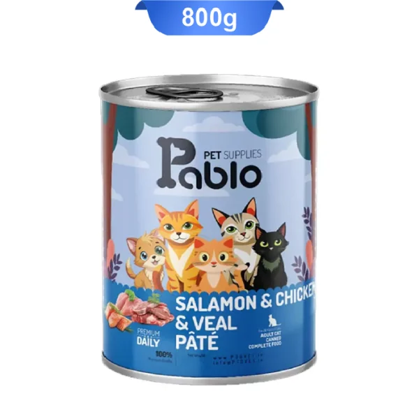 کنسرو گربه بالغ پابلو پته طعم مرغ و سالمون و گوساله وزن 800 گرم Pablo - Image 1