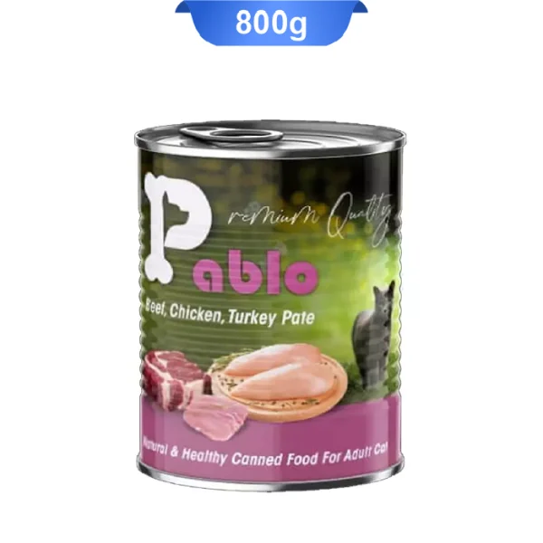 کنسرو گربه بالغ پابلو طعم مرغ و گوشت و بوقلمون وزن 800 گرم Pablo - Image 1