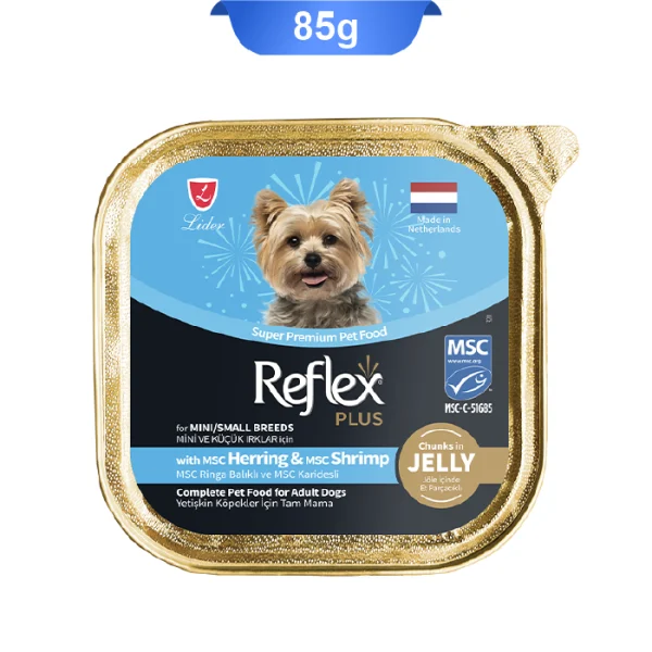 ووم سگ بالغ نژاد کوچک رفلکس پلاس طعم شاه ماهی و میگو وزن 85 گرم Reflex Plus With Shrimp & Herring - Image 1