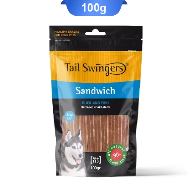 تشویقی سگ تیل سوینگرز ساندویج اردک و ماهی وزن 100 گرم Tail Swingers sandwich - Image 1