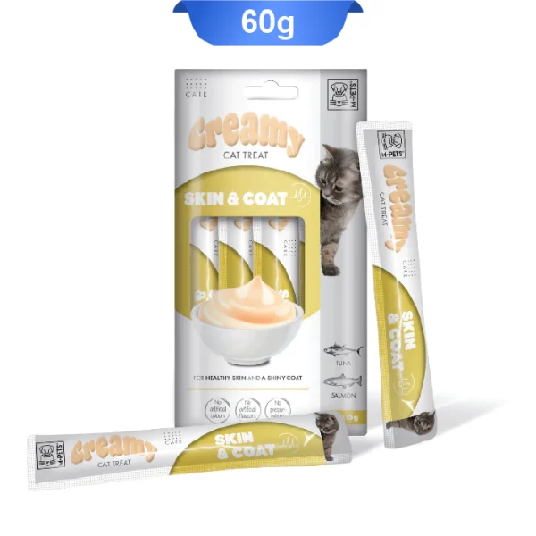 بستنی گربه ام پت مدل پوست و مو طعم ماهی تن و ماهی سالمون بسته 4 عددی M-Pets Creamy Treat Skin & Coat - Image 1