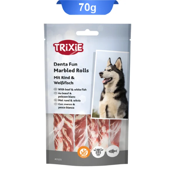 تشویقی دندانی سگ تریکسی دورپیچ گوشت گاو و ماهی سفید وزن 70 گرم Trixie Denta Fun Marbled Rolls - Image 1