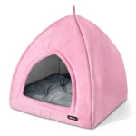 خانه سگ و گربه از جنس مخمل نرم و ضخیم صورتی با تشک طوسی