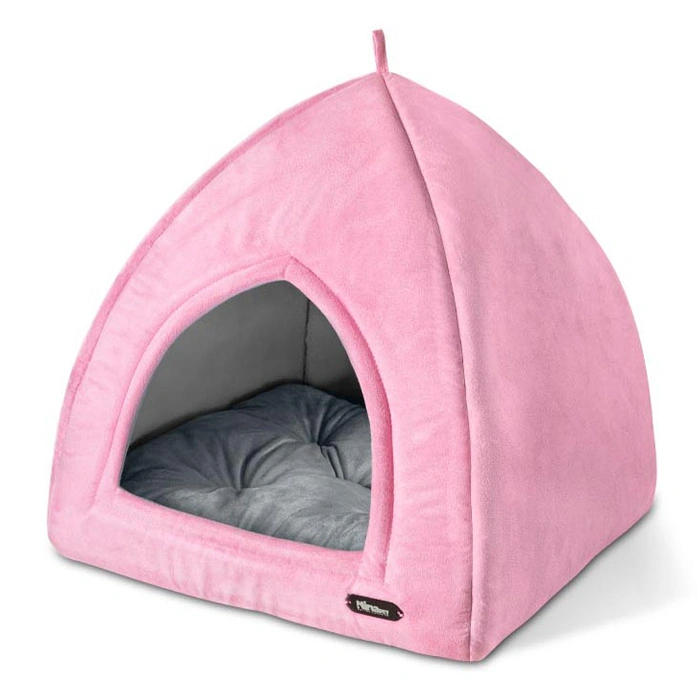 1009 خانه سگ و گربه از جنس مخمل نرم و ضخیم صورتی با تشک طوسی