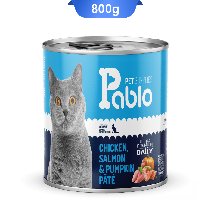 pablo-chicken-salmon-pumpkin-pate-800gr کنسرو گربه بالغ پابلو طعم مرغ و سالمون و کدو تنبل وزن 800 گرم - Image 1