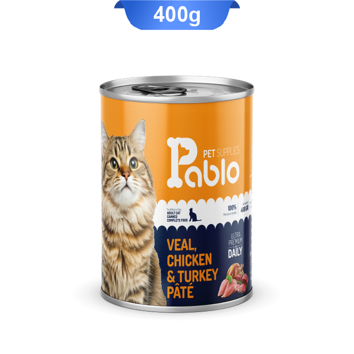 pablo-veal-chicken-turkey-pate-400gr کنسرو گربه بالغ پابلو طعم مرغ و گوشت گوساله و بوقلمون وزن 400 گرم - Image 1