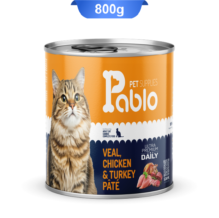 pablo-veal-chicken-turkey-pate-800gr کنسرو گربه بالغ پابلو طعم مرغ و گوشت گوساله و بوقلمون وزن 800 گرم Pablo - Image 1