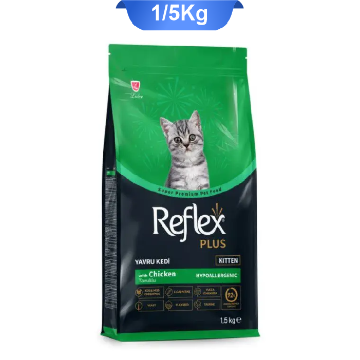 reflex-plus-chicken-kitten-1-5kg غذای خشک بچه گربه رفلکس پلاس مدل کیتن هایپوآلرژنیک طعم مرغ (kitten Reflex) وزن 1/5 کیلوگرم - Image 1
