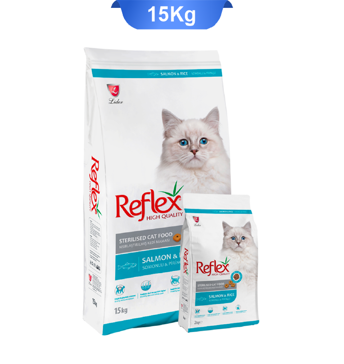 reflex-sterilised-adult-cat-food-with-salmon-15kg غذای خشک گربه عقیم رفلکس طعم ماهی سالمون استرلایزد وزن 15 کیلوگرم Reflex Sterilised - Image 1