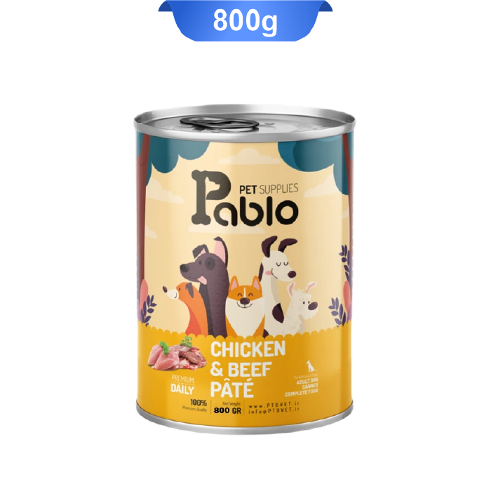pablo-chicken-beef-800g-dog کنسرو پته سگ بالغ پابلو طعم گوشت گاو و مرغ وزن 800 گرم Pablo Dog - Image 1