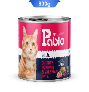 کنسرو گربه بالغ پابلو پته طعم مرغ و کدو حلوایی و سنبل الطیب مدل الترا وزن 800 گرم Pablo