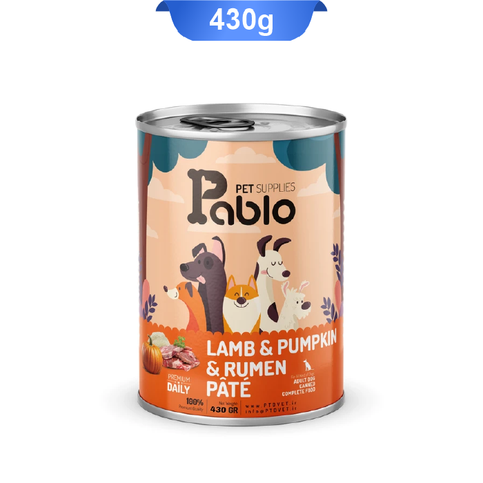 pablo-lamb-pumpkin-rumen-pate-430gr کنسرو پته سگ بالغ پابلو طعم گوشت بره و کدوحلوایی و سیرابی وزن 430 گرم Pablo Dog - Image 1