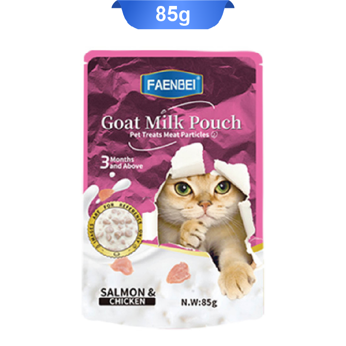 goat-milk-pouch-01 پوچ گربه فنبی مدل چانک طعم سالمون و مرغ داخل شیر بز وزن 85 گرم کد 103188 Faenbei Goat Milk Pouch - Image 1