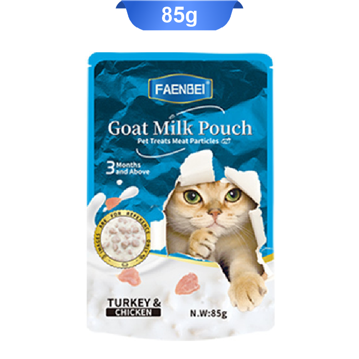 goat-milk-pouch-03 پوچ گربه فنبی مدل چانک طعم بوقلمون و مرغ داخل شیر بز وزن 85 گرم کد 103187 Faenbei Goat Milk Pouch - Image 1