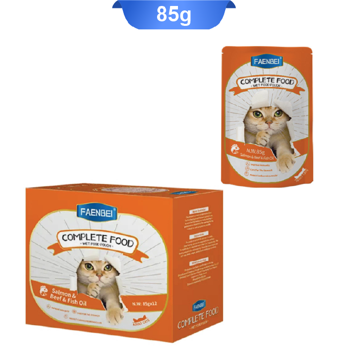 qaza-kamel-01 غذای کامل تر گربه فنبی طعم سالمون و گوشت وزن 85 گرم کد 103206 Faenbei Complete Food - Image 1