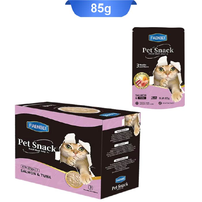 sup-01 سوپ ژله ای گربه فنبی طعم سالمون و تن وزن 85 گرم کد 103198 Faenbei Pet Snack Broth - Image 1
