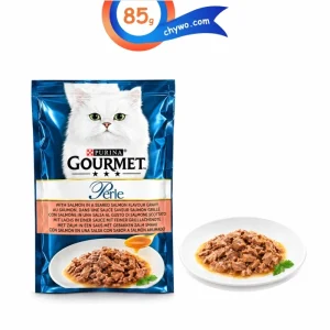 پوچ گربه بالغ گورمت پورینا طعم سالمون در سس گوشت گریل