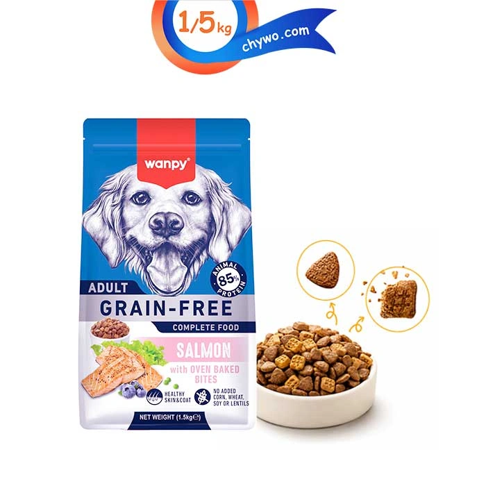 wanpy dog salmon adult (2) غذای خشک سگ بالغ ونپی طعم ماهی سالمون حاوی دانه تشویقی