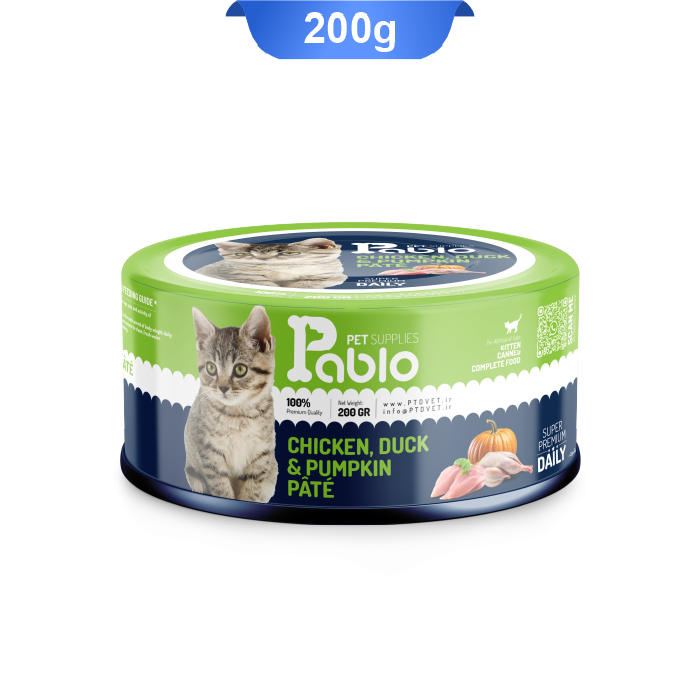 pablo-200gr-02 کنسرو بچه گربه پابلو پته طعم مرغ و اردک و کدو تنبل مدل اولترا وزن 200 گرم Pablo Kitten - Image 1